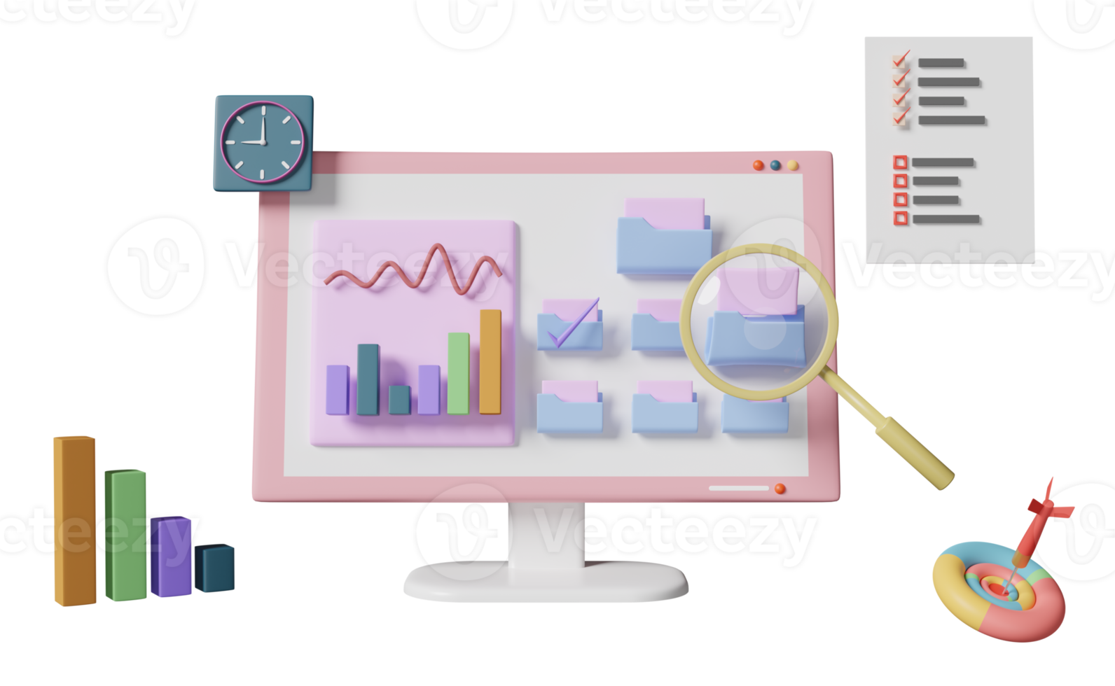 3D-Computer mit Diagrammdiagramm, Analyse von Geschäftsfinanzdaten, Ziel, Pfeile, Lupe, Ordner isoliert. online-marketing, geschäftsstrategiekonzept, 3d-renderillustration png