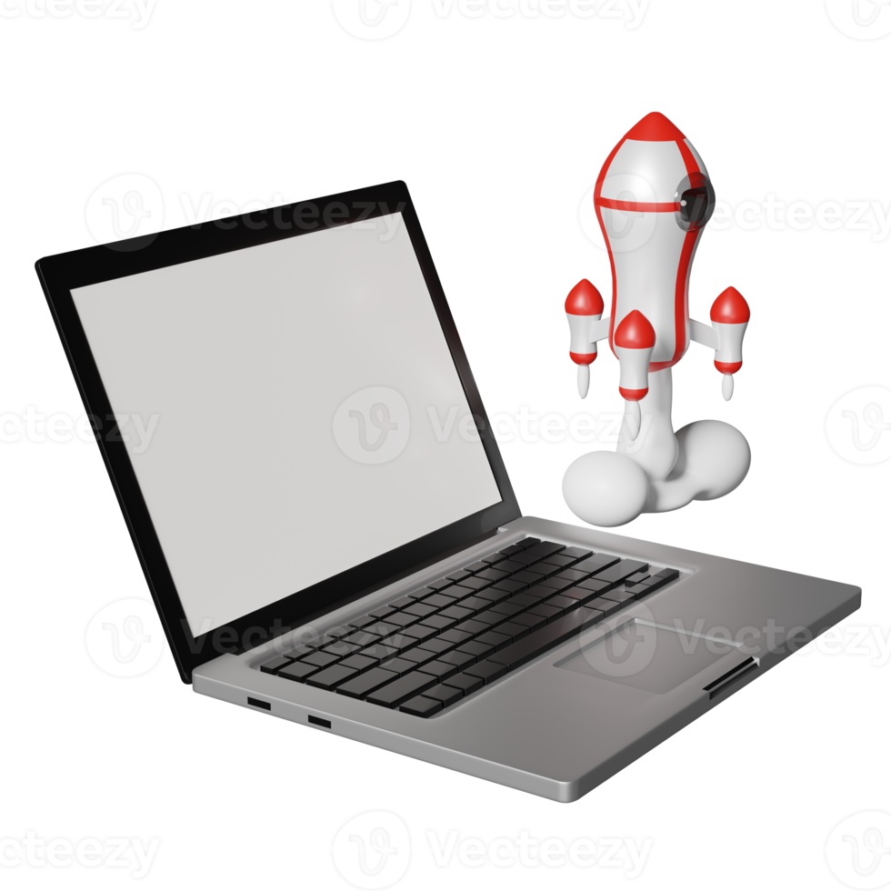 vaisseau spatial blanc rouge ou lancement de fusée en fumée avec ordinateur portable isolé. modèle de démarrage ou concept d'entreprise, illustration 3d ou rendu 3d png