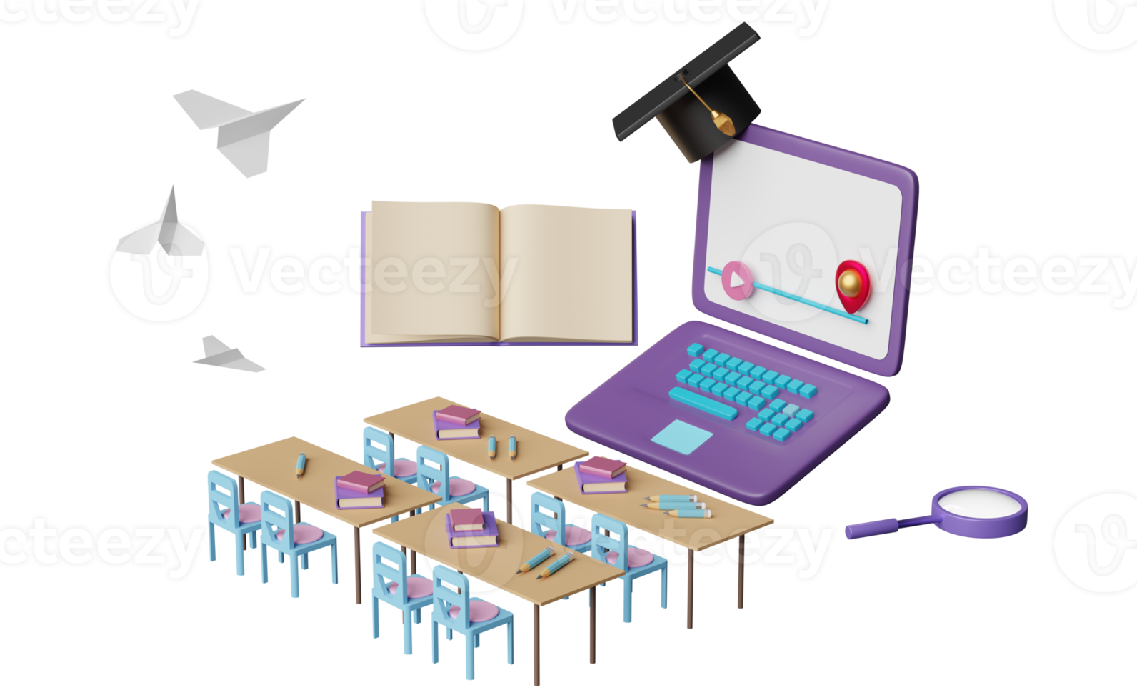 ordinateur portable violet avec barre de jeu, diplôme de chapeau, avion en papier, bureau d'étudiant, chaise isolée. salle d'éducation innovante en ligne, concept d'apprentissage en ligne, illustration 3d ou rendu 3d png