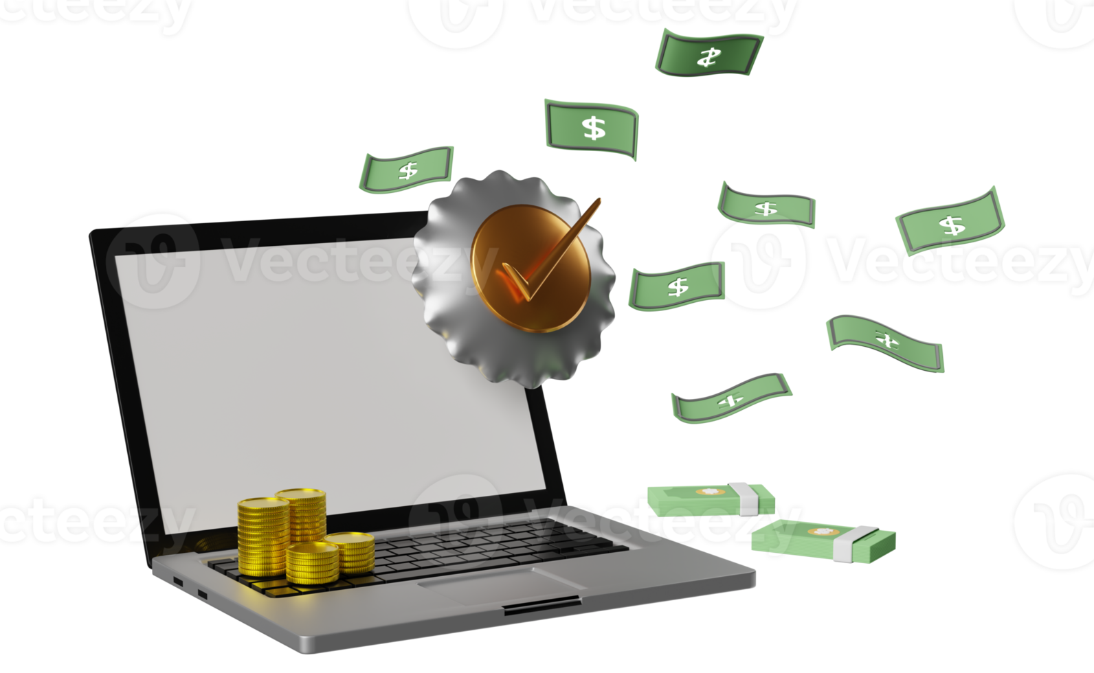 laptop computer with round shiel, coins, banknote isolated. Internet security or privacy protection or ransomware protect concept, 3d illustration or 3d render png