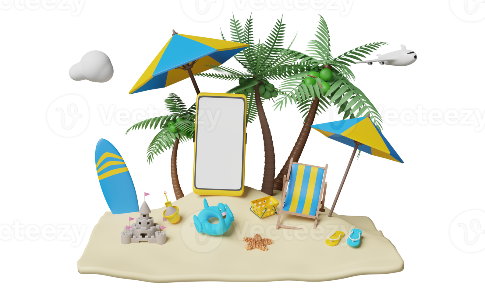 teléfono móvil, teléfono inteligente con palmas, silla de playa, isla, paraguas, sandalias, avión, tabla de surf, flamingo inflable, castillo de arena, concepto de vacaciones de viaje de verano, ilustración 3d o presentación 3d png