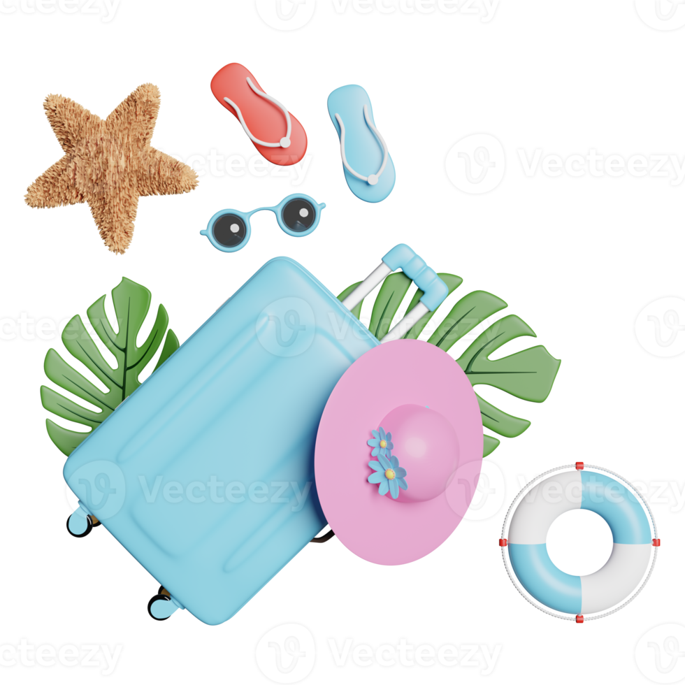 summer travel with blue suitcase, sunglasses, hat, palm leaf, lifebuoy, sandals, starfish isolated. top view, concept 3d illustration or 3d render png