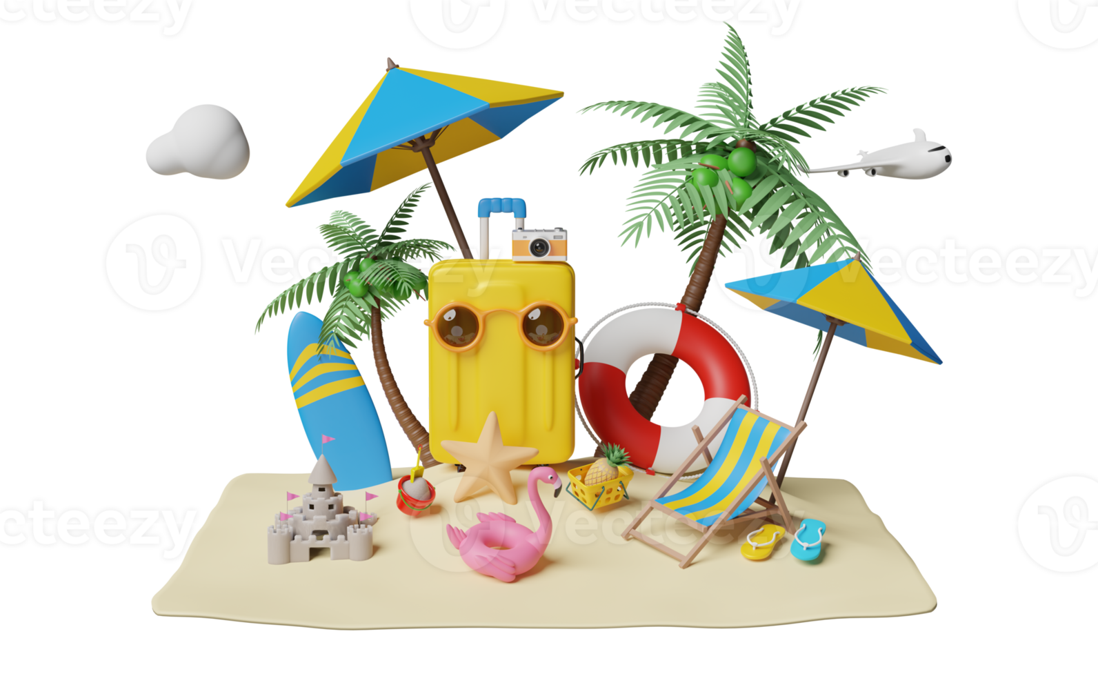 viaje de verano con maleta, silla de playa, isla, cámara, paraguas, flamenco inflable, cocotero, sandalias, avión, nube, aro salvavidas, canasta aislada. concepto de ilustración 3d, renderizado 3d png