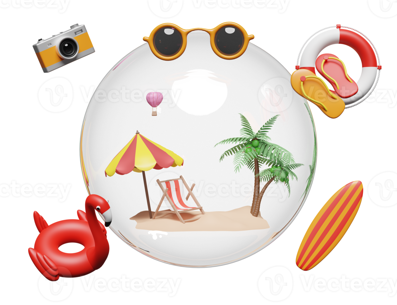 summer travel with island, umbrella, coconut tree, Inflatable flamingo in glass ball isolated. concept 3d illustration or 3d render png
