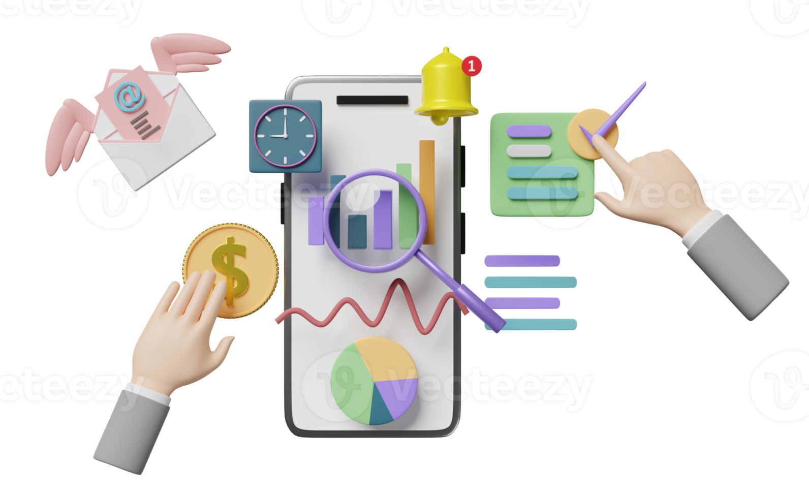 charts and graph with businessman hand, check, analysis business financial data, clock, magnifying isolated. Online marketing business strategy concept, 3d illustration or 3d render png