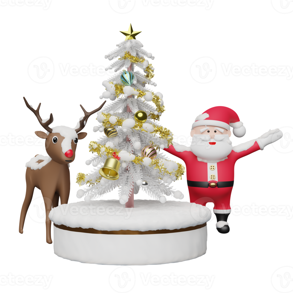 weihnachtsmann mit weihnachtsbaum, rentier, zylinderbühnenpodest, raum isoliert. website, poster oder glückskarten, festliches neujahrskonzept, 3d-illustration oder 3d-rendering png