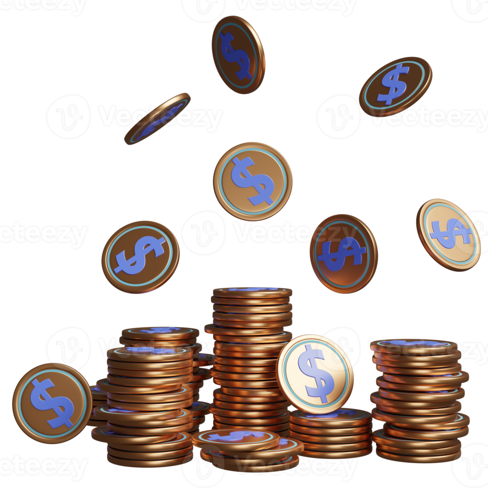copper color dollar coins stacks isolated. 3d illustration or 3d render png