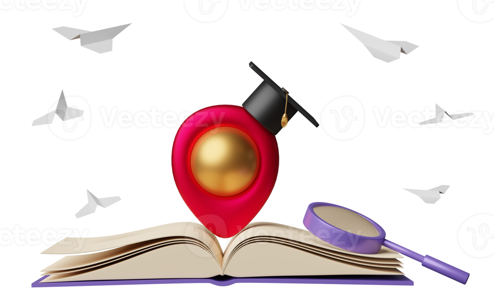 red pin with open book and graduation hat, magnifying glass, paper plane isolated. achieve goals and success concept, 3d illustration or 3d rendering png