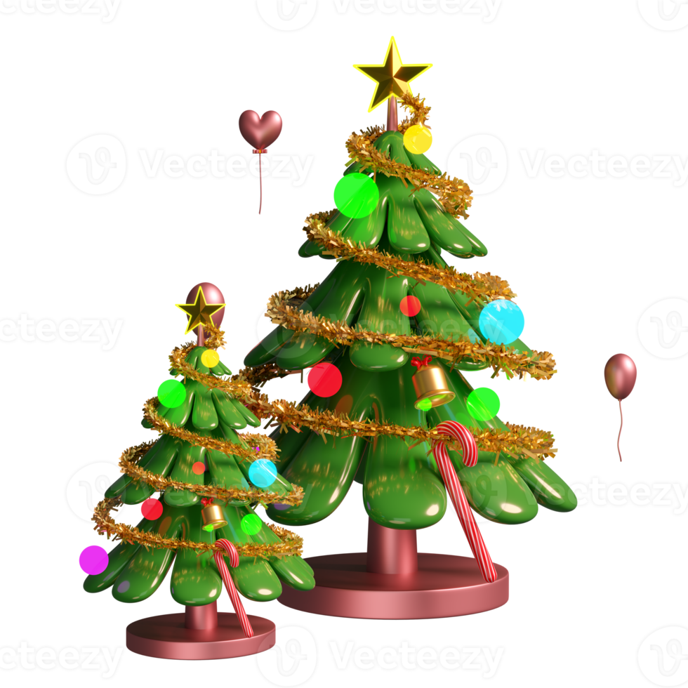 weihnachtsbaum und schmuck isoliert. für website oder poster oder glückskarten, weihnachtsbanner und festliches neues jahr, 3d-illustration oder 3d-rendering png