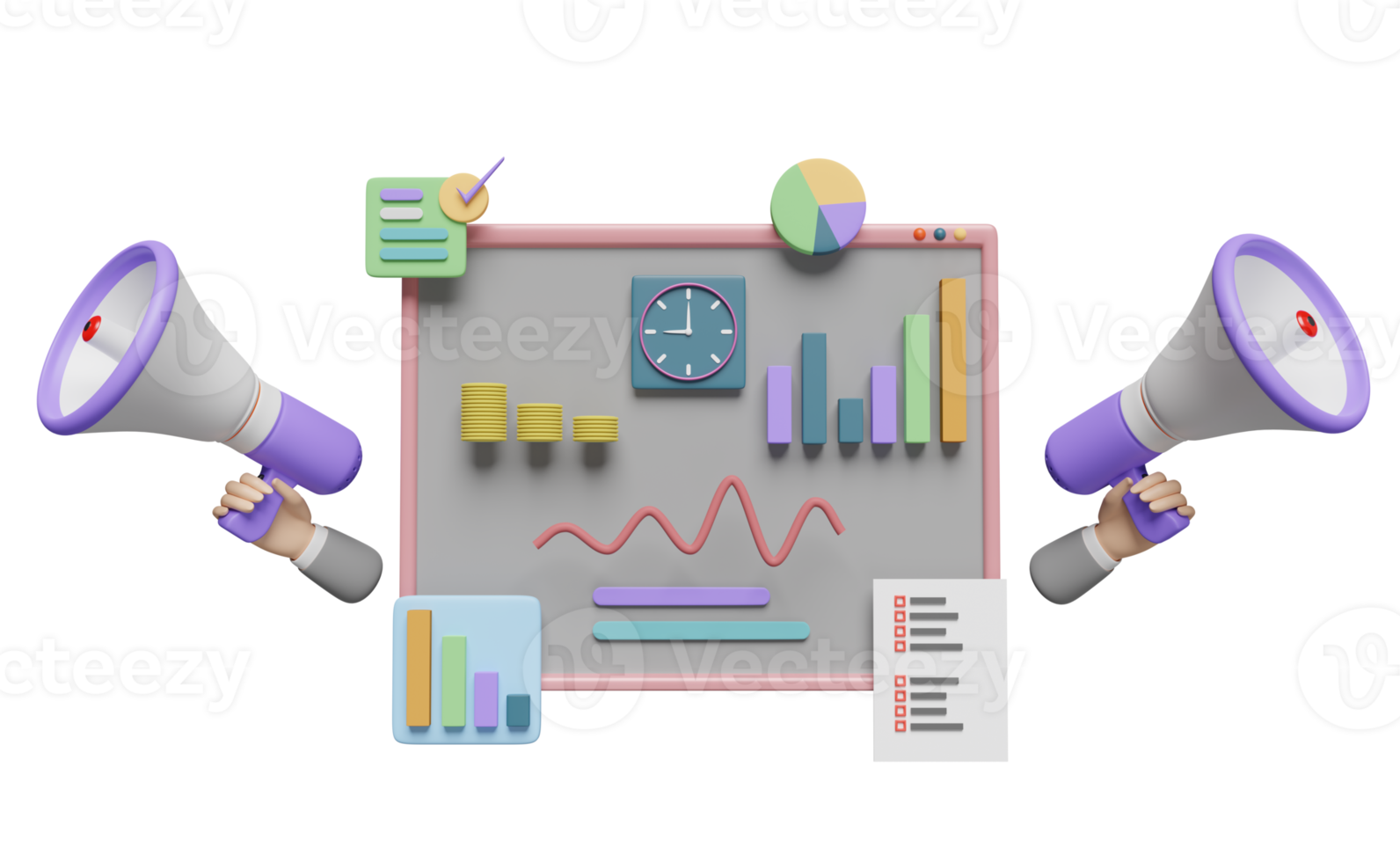 charts and graph with businessman hand, analysis business financial data, clock, megaphone or hand speaker isolated. Online marketing business strategy concept, 3d illustration, 3d render png