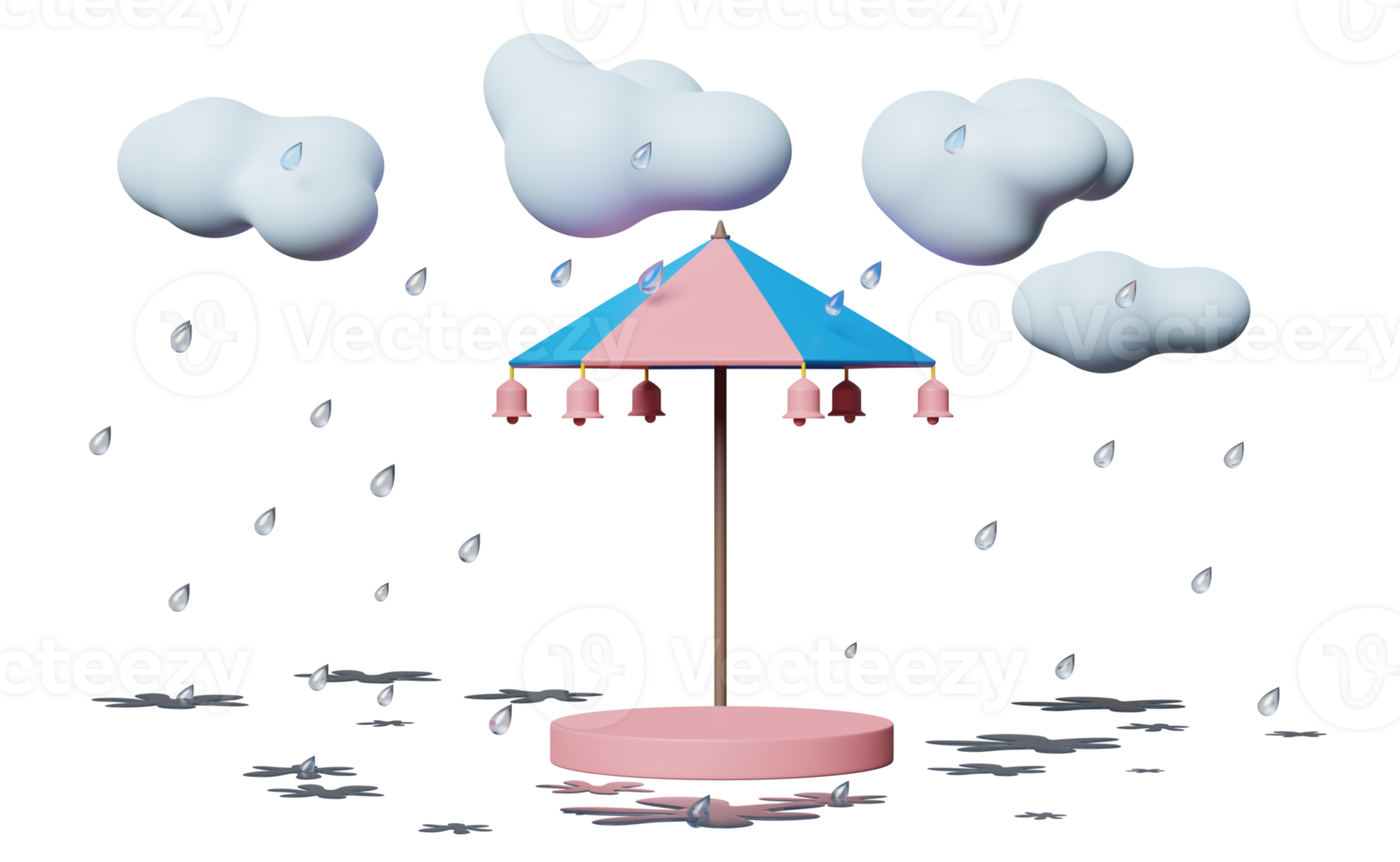 bühnenpodium leer mit regenschirm, wolke, tropfenregenwasser, benachrichtigungsglocke isoliert. schutz- und sicherheitskonzept, 3d-illustration oder 3d-rendering png