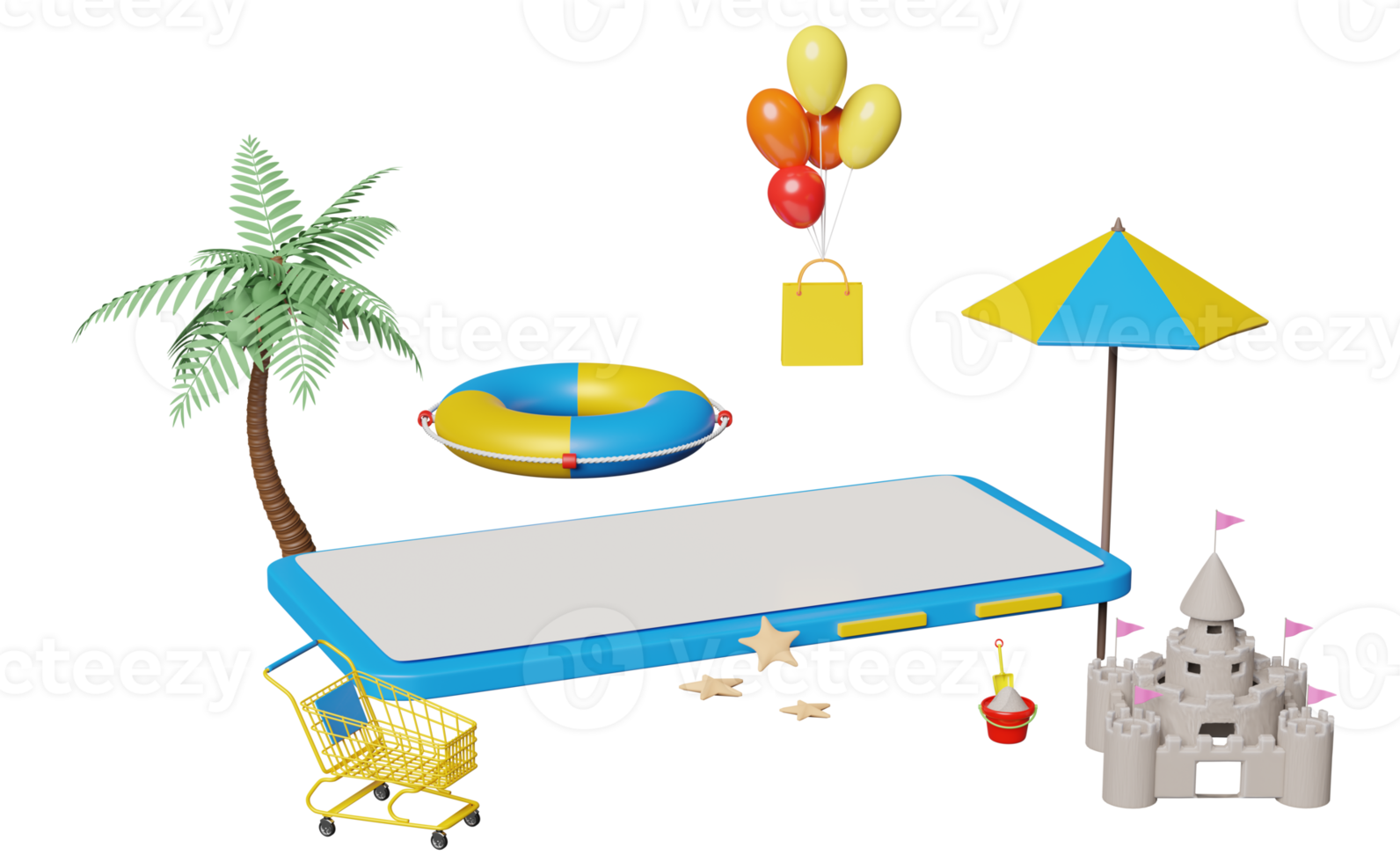 3d mobile phone, smartphone with umbrella, balloon, cart, palm, shopping paper bags, lifebuoy, flags, sand castle isolated. online shopping summer sale concept, 3d render illustration png