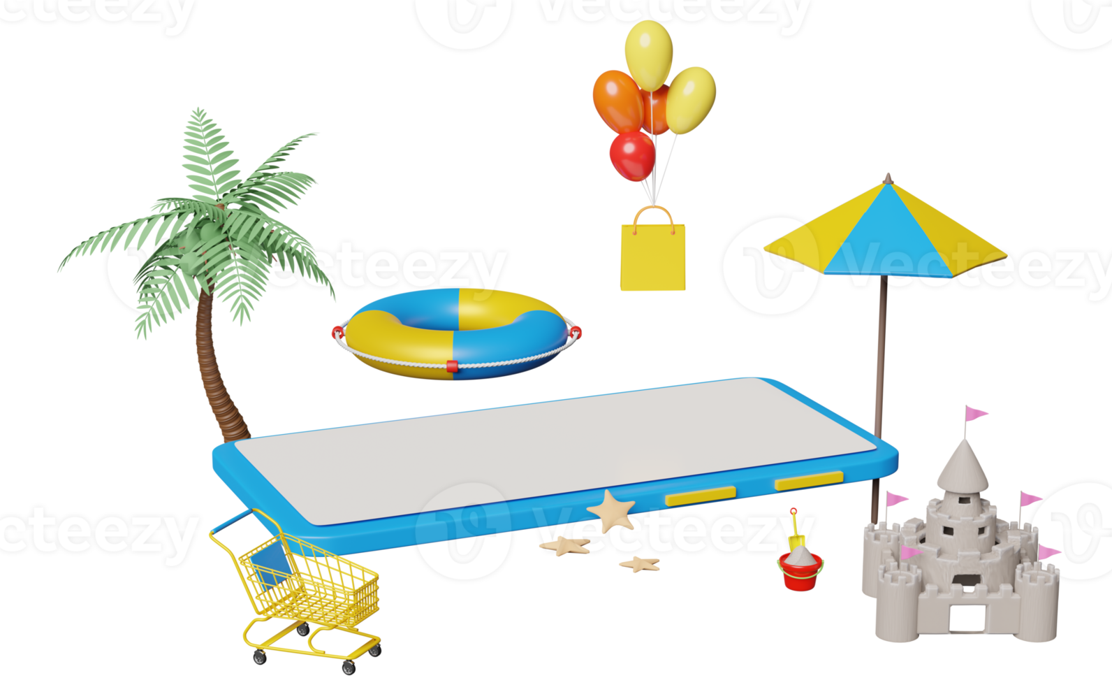 3d mobiel telefoon, smartphone met paraplu, ballon, kar, palm, boodschappen doen papier Tassen, reddingsboei, vlaggen, zand kasteel geïsoleerd. online boodschappen doen zomer uitverkoop concept, 3d geven illustratie png