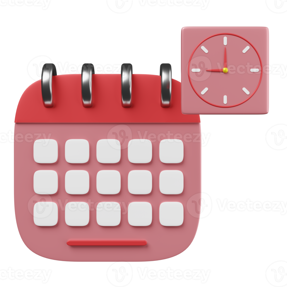 relógio de personagem de desenho animado com calendário vermelho isolado. ilustração 3d do conceito ou renderização em 3d png