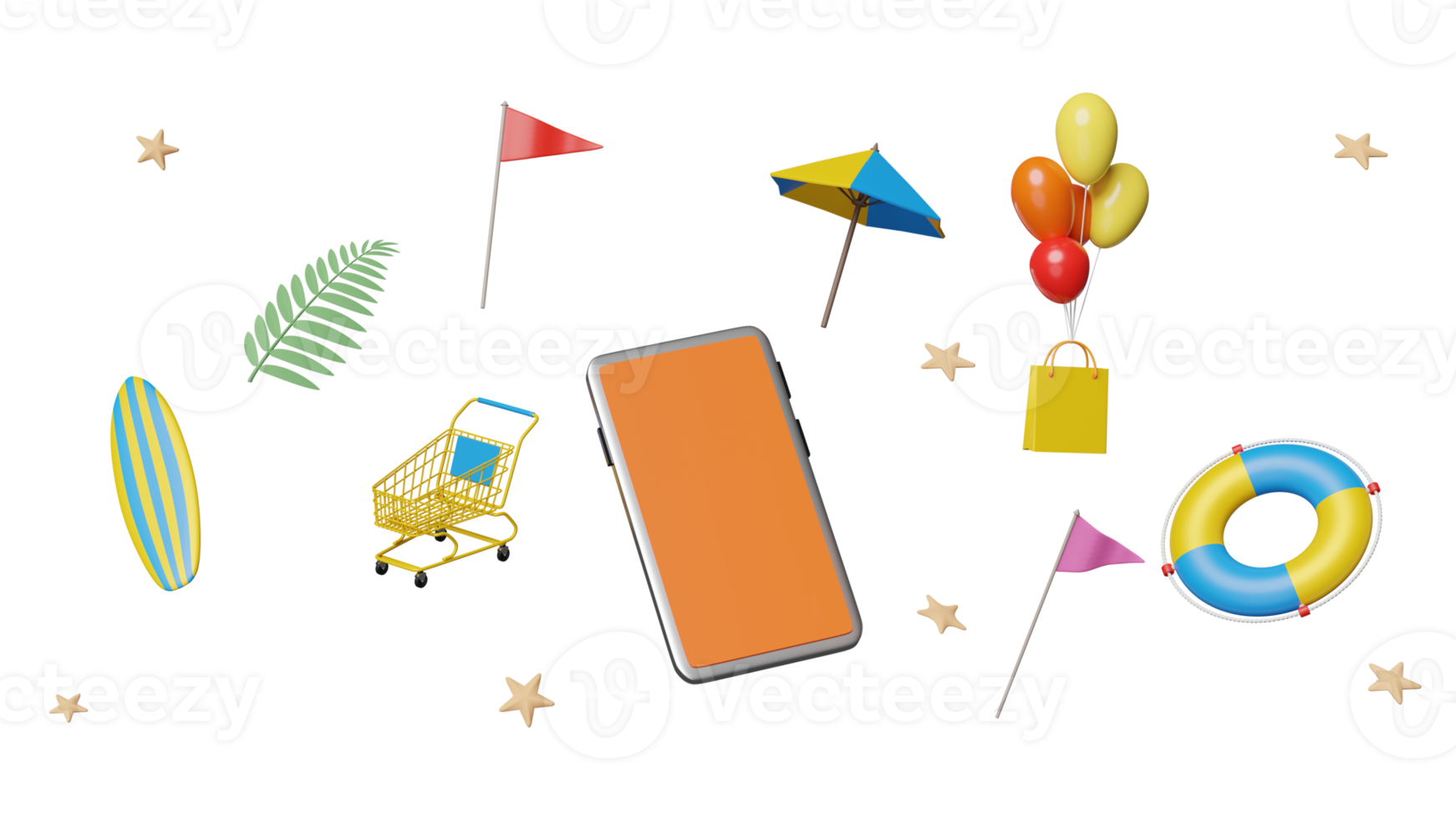 3d mobiel telefoon, smartphone met paraplu, ballon, zeester, kar, palm, boodschappen doen papier Tassen, reddingsboei, vlaggen geïsoleerd. online boodschappen doen zomer uitverkoop concept, 3d geven illustratie png