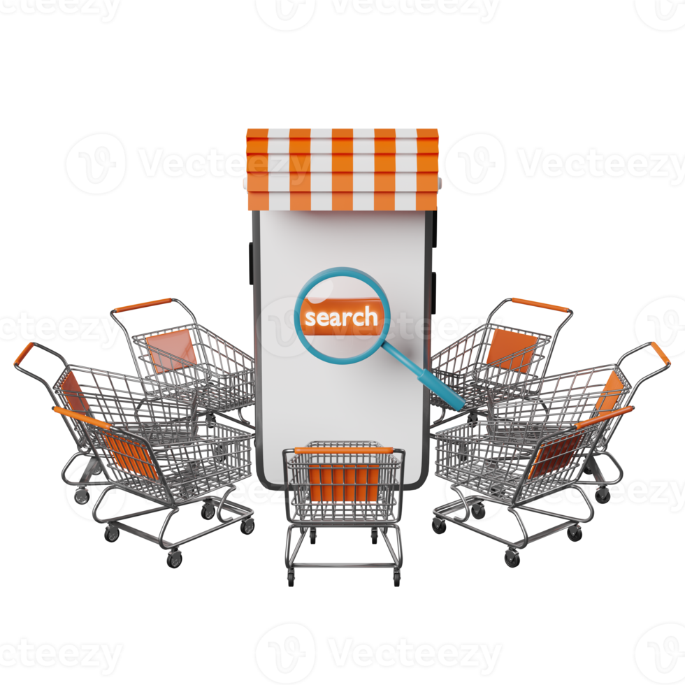 mobil telefon eller smartphone Lagra främre, förstorande glas, handla vagn, Sök märka märka isolerat. uppkopplad handla sommar försäljning, Sök data begrepp, 3d illustration eller 3d framställa png