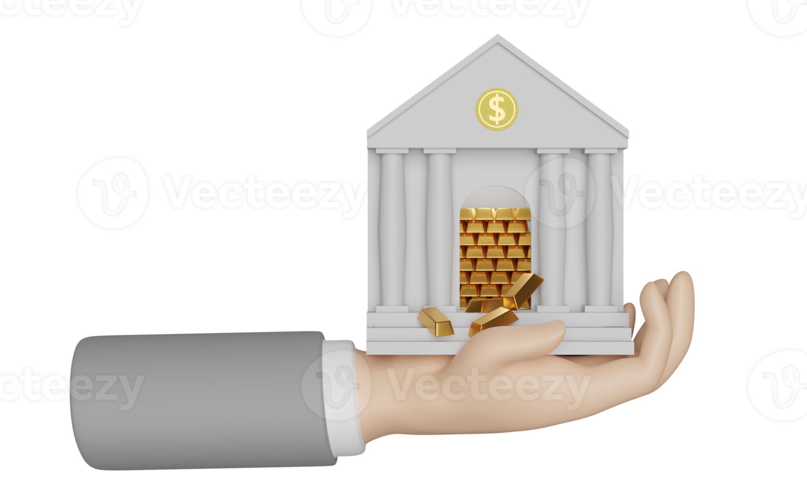 businessman hands holding bank or tax office building with gold bar money bag isolated. bank financing, money exchange concept, 3d illustration or 3d render png