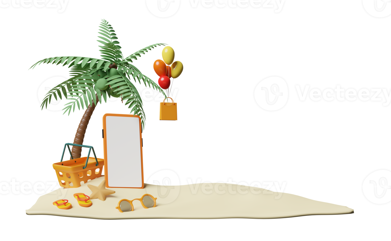 telefone celular, smartphone com balão, palm, sacos de papel de compras, cesta, sandálias, estrela do mar, óculos de sol, bokeh isolado. conceito de venda de verão comercial, ilustração 3d ou renderização 3d png