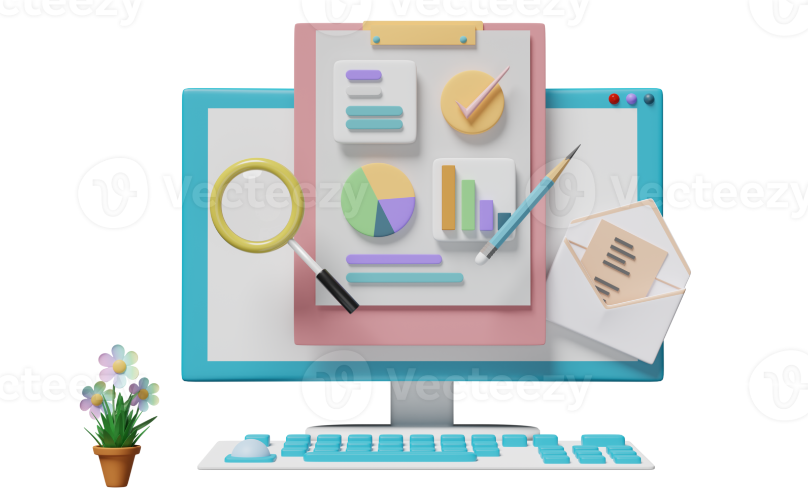 Computadora 3d con gráfico de gráficos, análisis de datos financieros comerciales, lupa, sobre abierto, lista de verificación aislada. marketing en línea, concepto de estrategia empresarial, ilustración 3d png