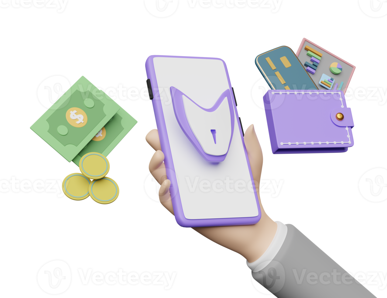 businessman hand hold mobile phone or smartphone with shield, banknote isolated. Internet security or privacy protection or ransomware protect concept, 3d illustration or 3d render png