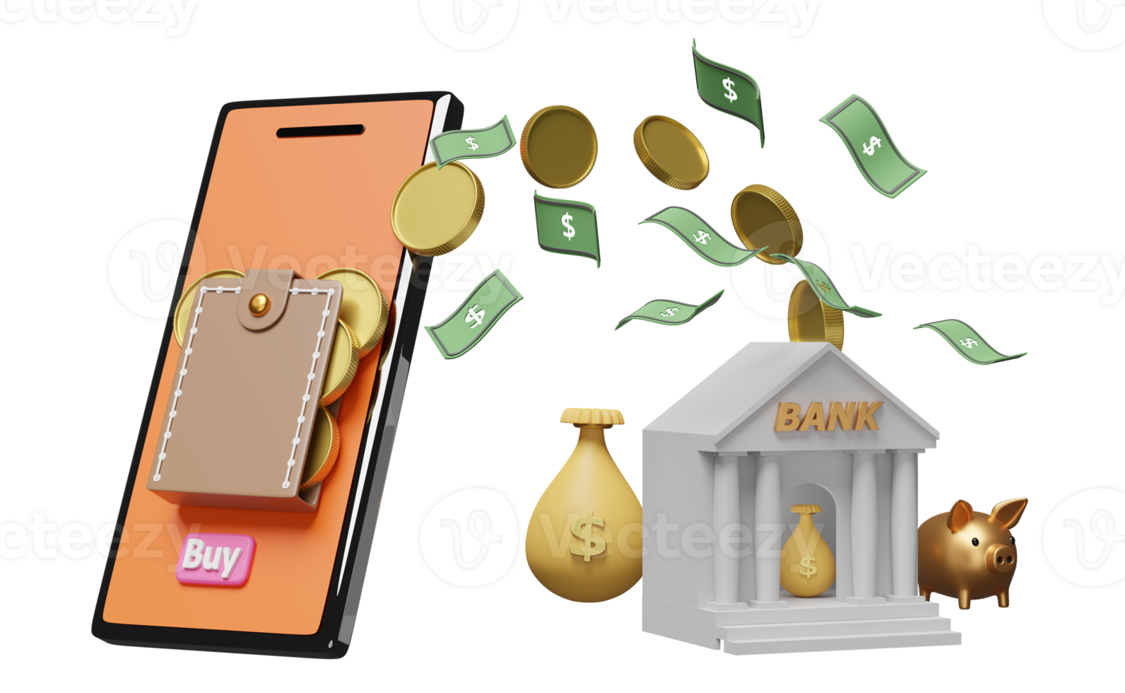 orange mobile phone or smartphone with bank, tax office building, dollar banknote, coin, piggy bank, wallet isolated. online shopping or saving money concept, 3d illustration or 3d render png