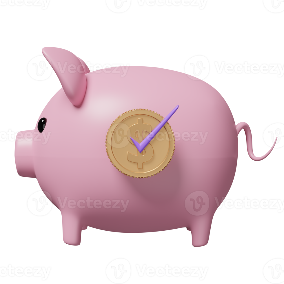 pink piggy bank with gold coins money, check isolated. saving money concept, 3d illustration or 3d render png
