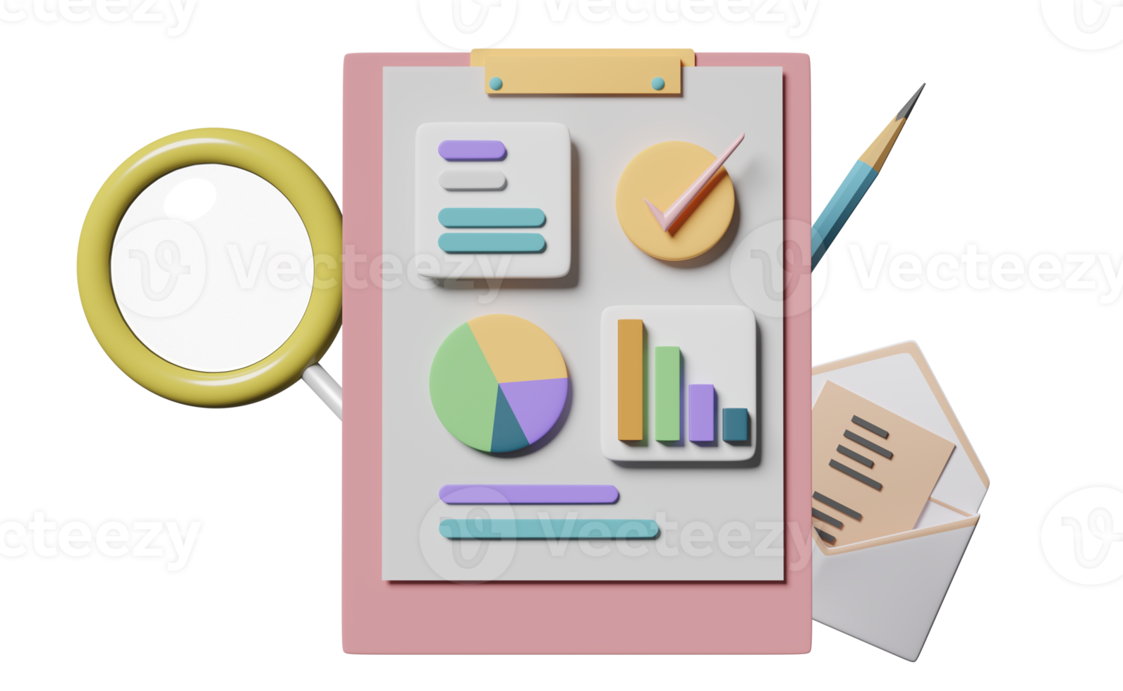 graphiques, graphique avec analyse des données financières de l'entreprise, liste de contrôle du presse-papiers blanc, enveloppe ouverte, loupe, crayon isolé. concept de stratégie d'entreprise, illustration 3d ou rendu 3d png