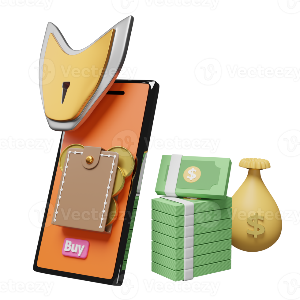 orange mobile phone or smartphone with shield, banknote, wallet, money bag isolated. Internet security or privacy protection or ransomware protect concept, 3d illustration or 3d render png