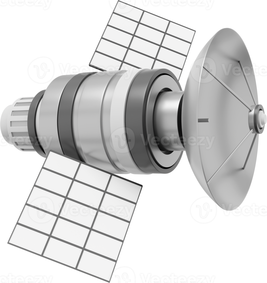 satélite espacial com uma antena. inteligência de estação de comunicação orbital, pesquisa. renderização 3D. ícone png metálico em fundo transparente.