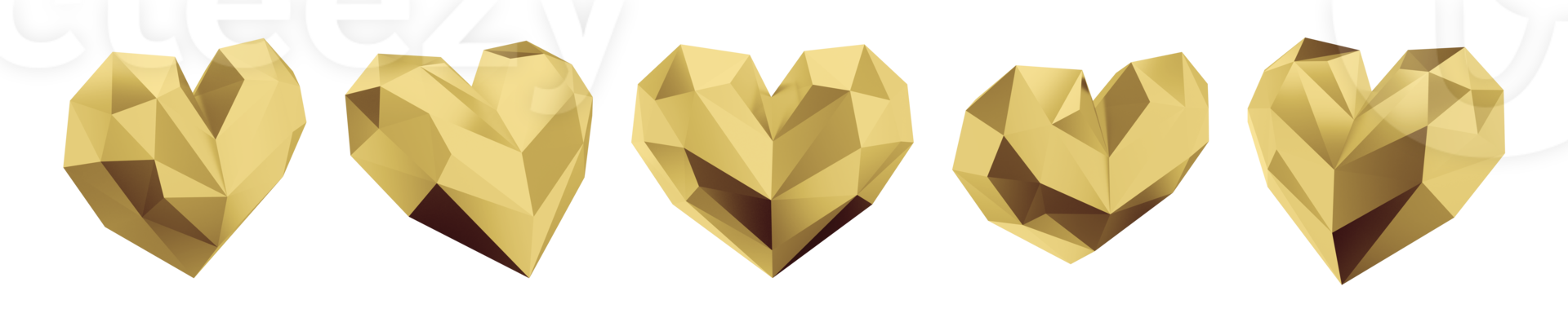 Set of gold low poly hearts. Views from different sides. 3D rendering. Symbol of love, likes, romance. PNG icon on transparent background.