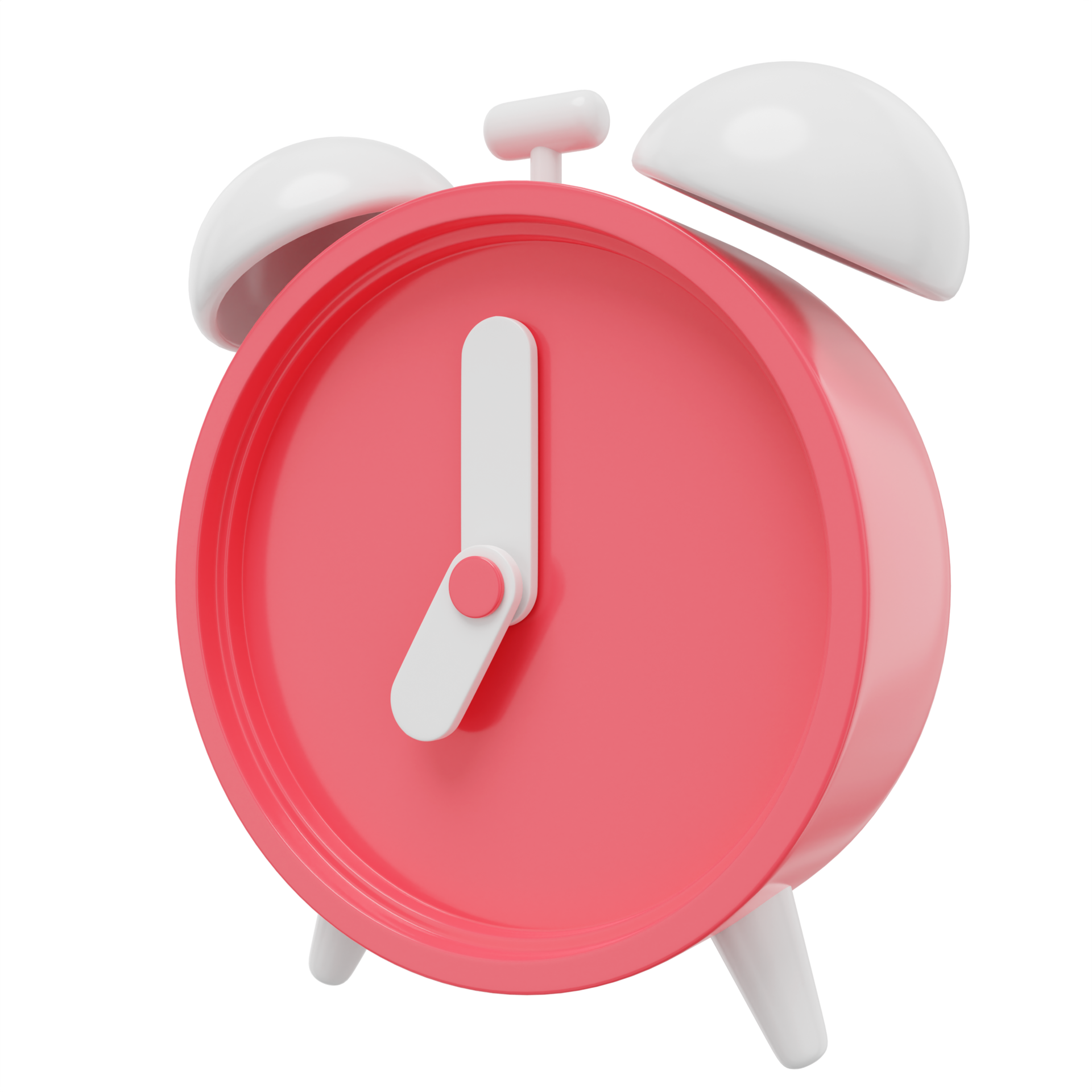 Minimal red cartoon alarm clock, side view. 3D rendering. PNG icon on