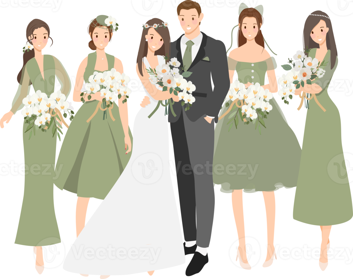 hermosa novia y el novio pareja de novios con dama de honor en vestido de tema verde estilo plano de dibujos animados png