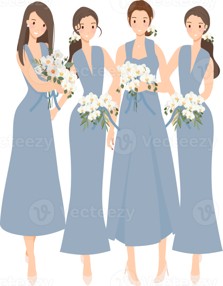 belle mariée heureuse et demoiselle d'honneur en cérémonie de mariage robe bleue png