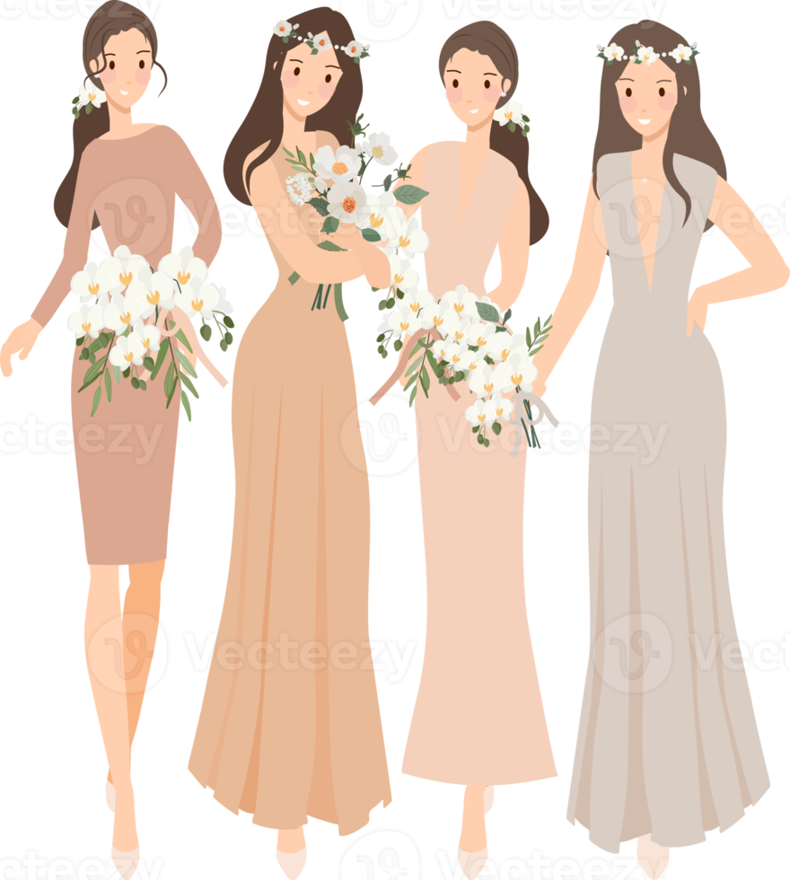 beautiful happy bride and bridesmaid in light beige creme gown wedding ceremony png