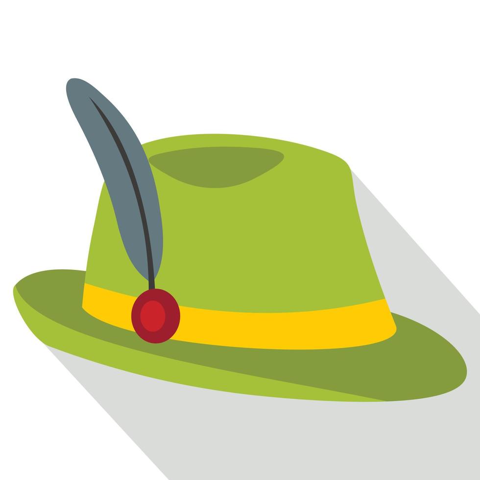 Green hat with feather icon, flat style vector