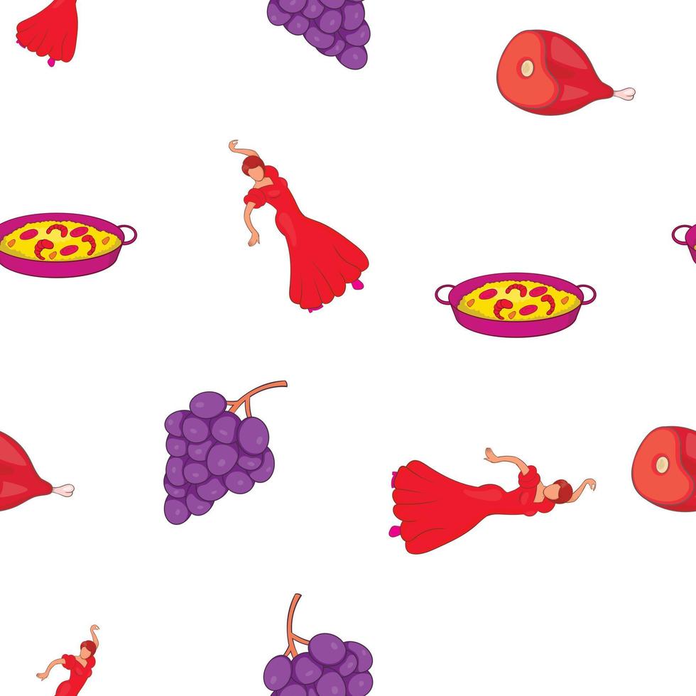 Spain attractions pattern, cartoon style vector