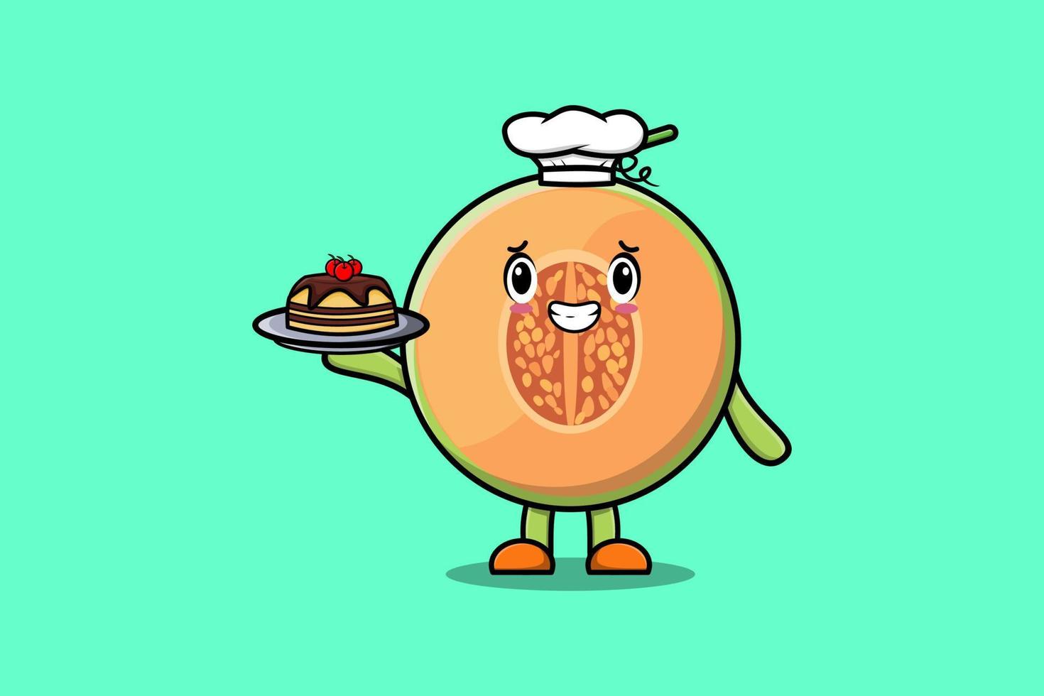 Cute Cartoon chef Melon serving cake on tray vector