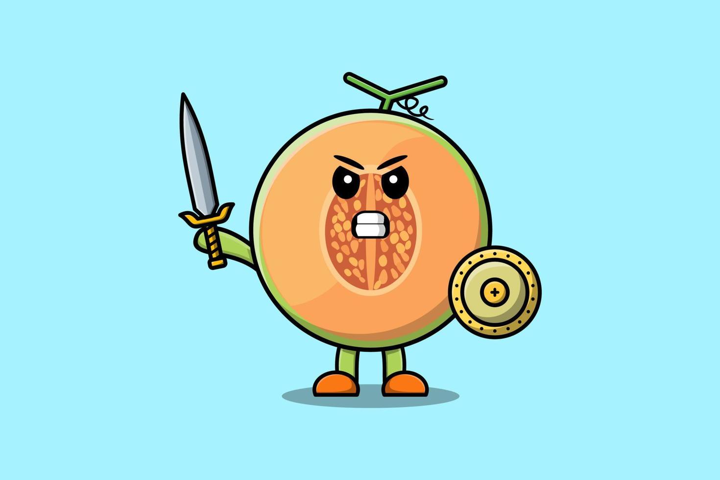 lindo personaje de dibujos animados melón con espada vector