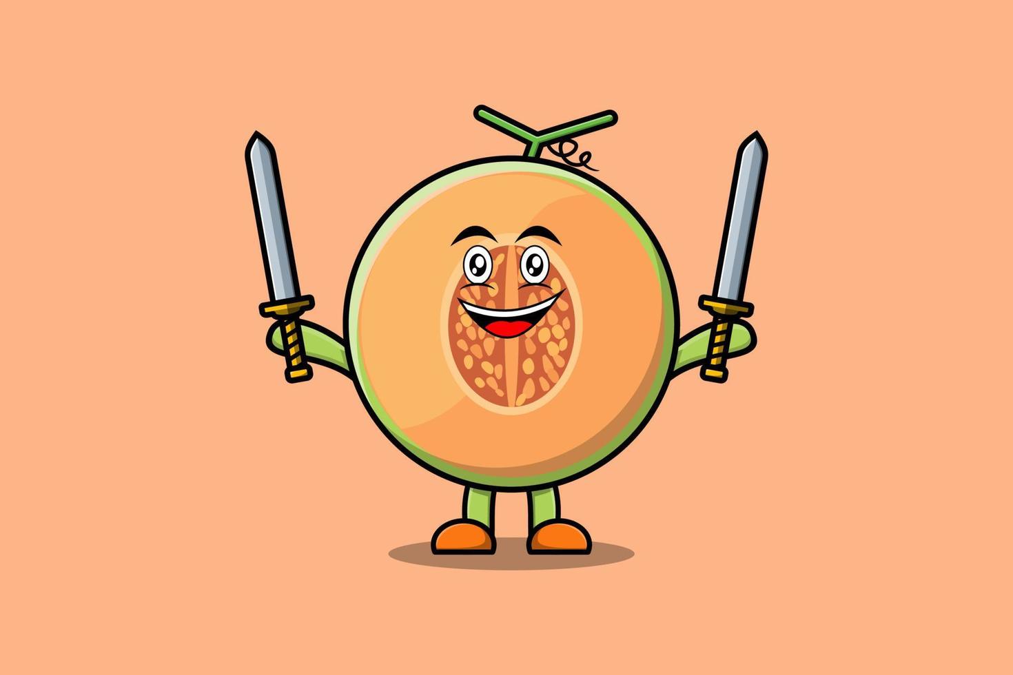 lindo personaje de dibujos animados de melón con dos espadas vector