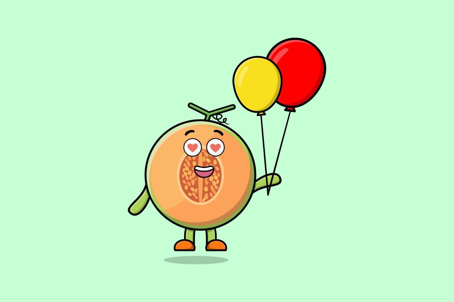 lindo melón de dibujos animados flotando con globo vector