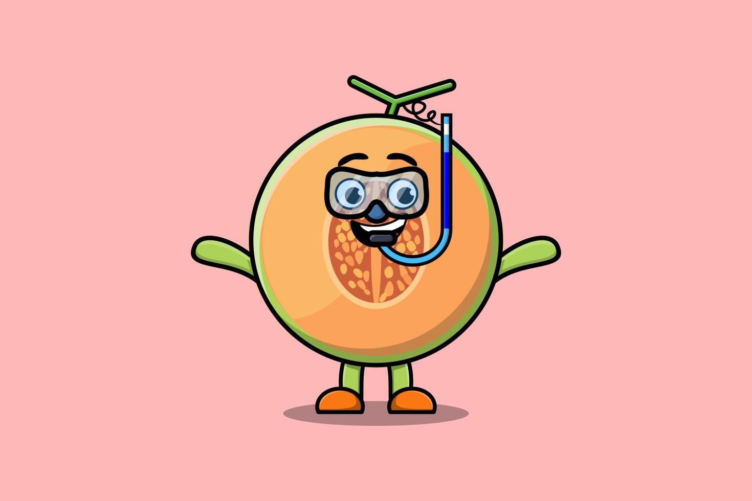 Cute cartoon Melon diver with swimming glass vector