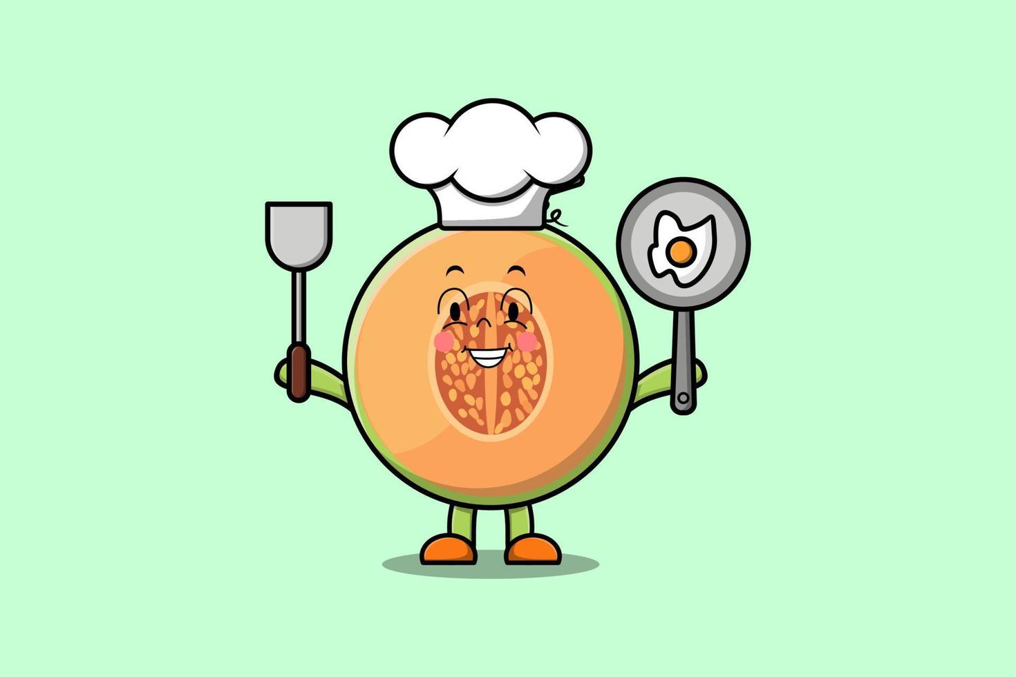 Cute cartoon Melon chef holding pan and spatula vector