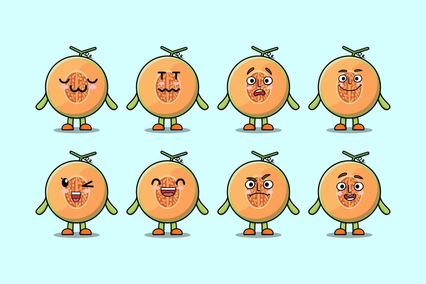 Establecer personaje de dibujos animados de melón kawaii con expresión vector