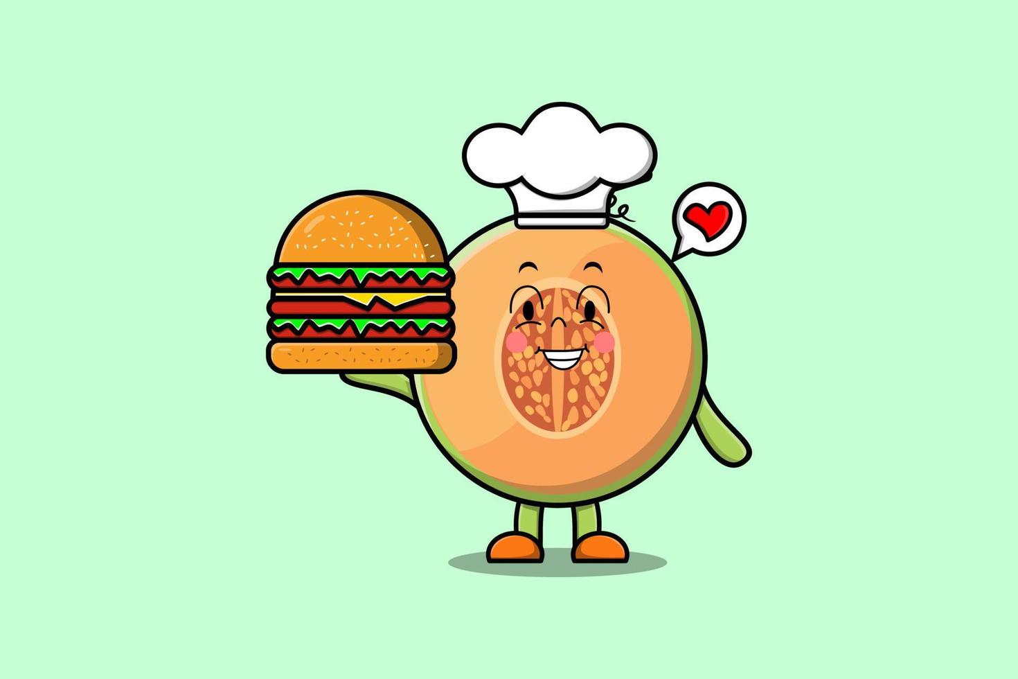 lindo personaje de chef de melón de dibujos animados con hamburguesa vector