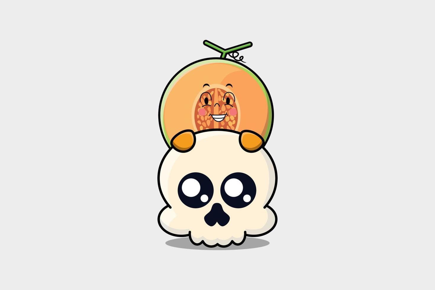 Cute Melon cartoon character hiding in skull vector