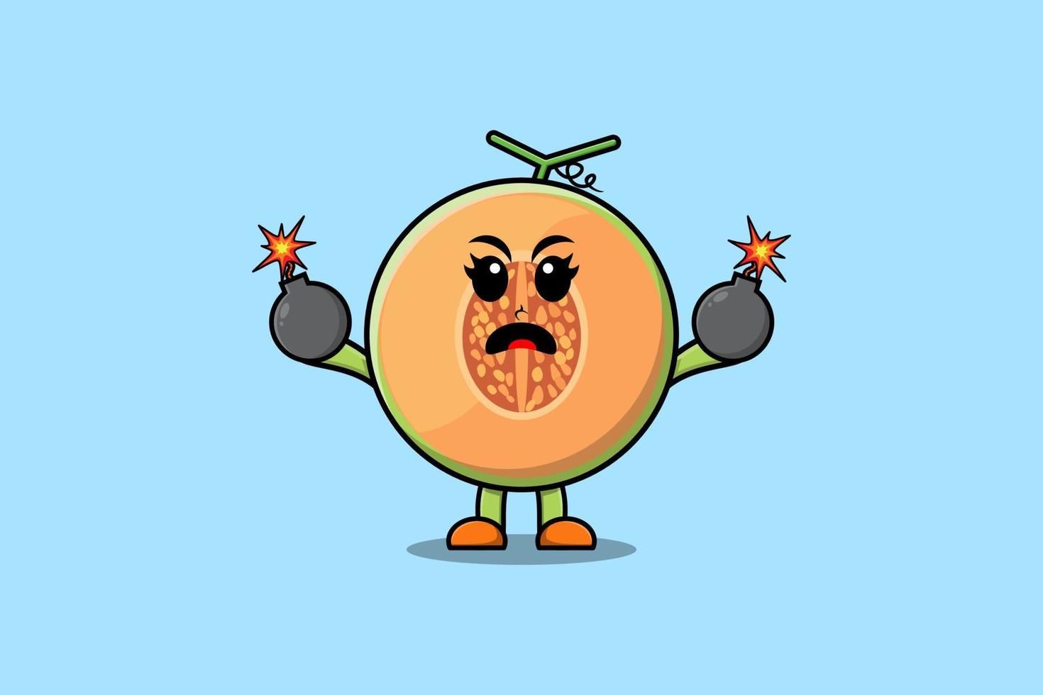 Cute cartoon Melon holding bomb scared expression vector