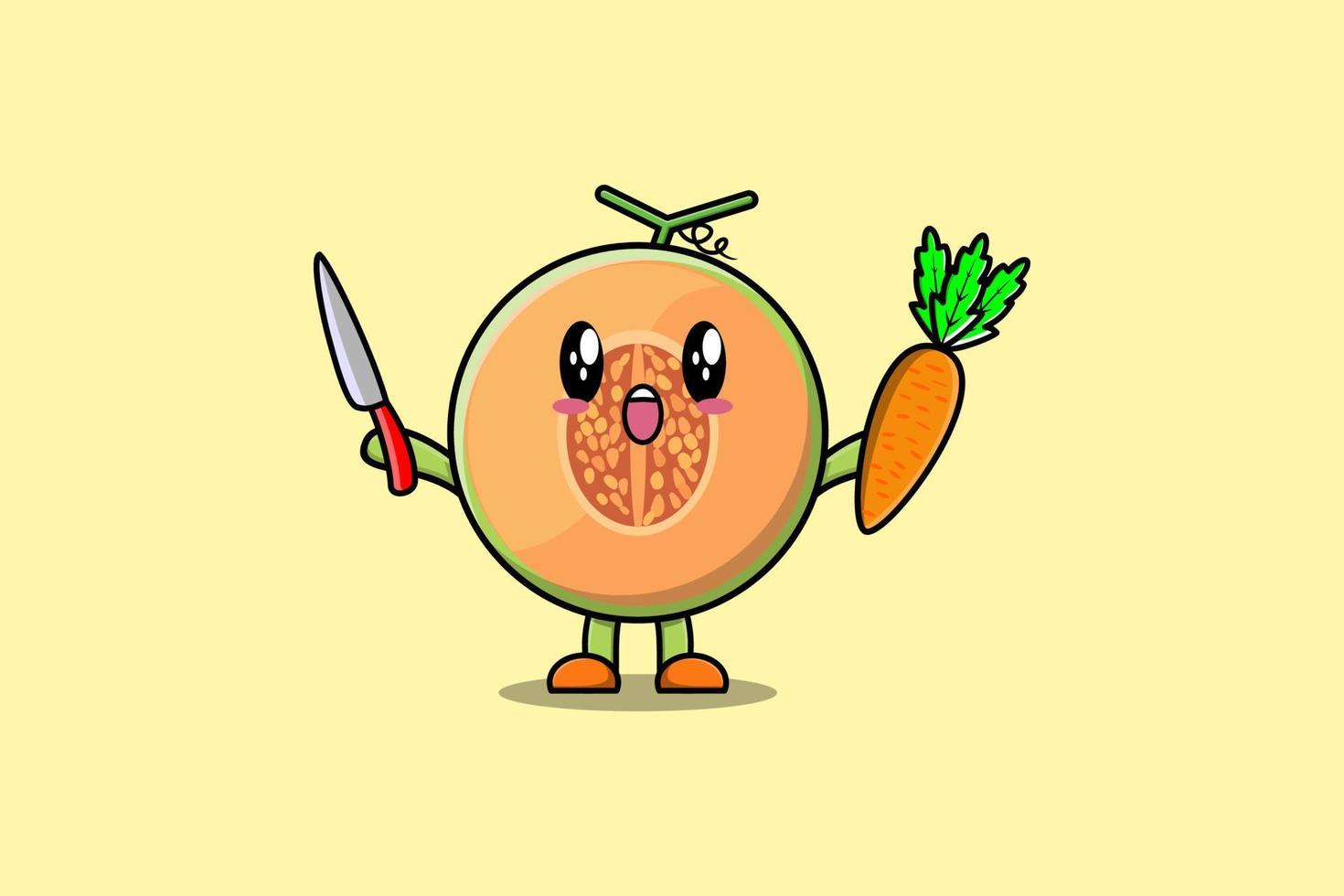 lindo personaje de dibujos animados de melón con cuchillo y zanahoria vector