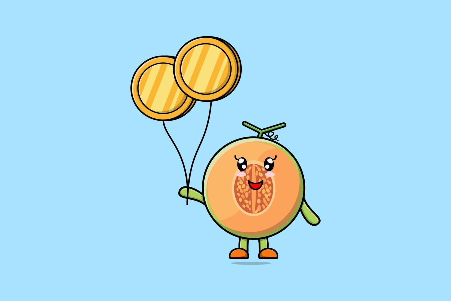 melón de dibujos animados lindo flotando con globo de moneda de oro vector