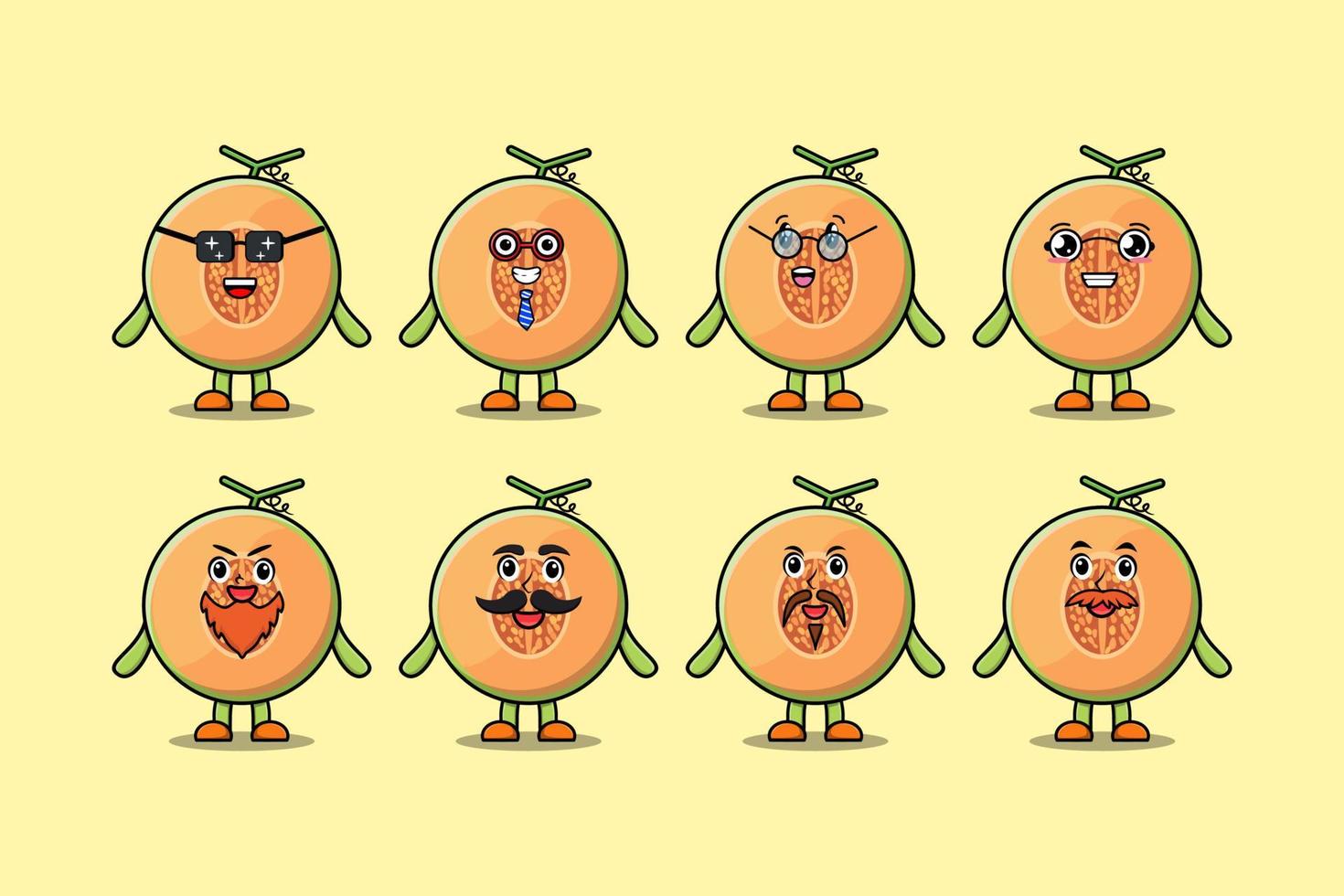 Establecer personaje de dibujos animados de melón kawaii con expresión vector