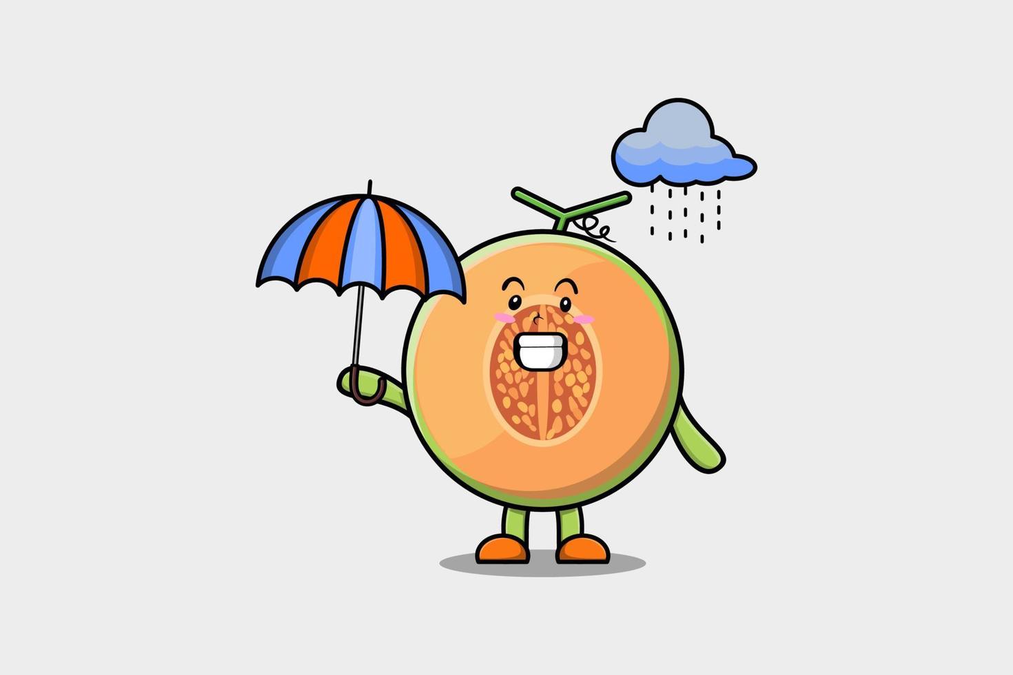 lindo melón de dibujos animados bajo la lluvia y usando un paraguas vector